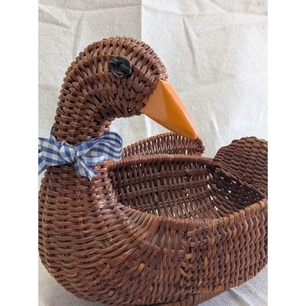 Vintage Wicker Duck Goose Basket Blue Gingham Bow Cottagecore Farmhouse Decor